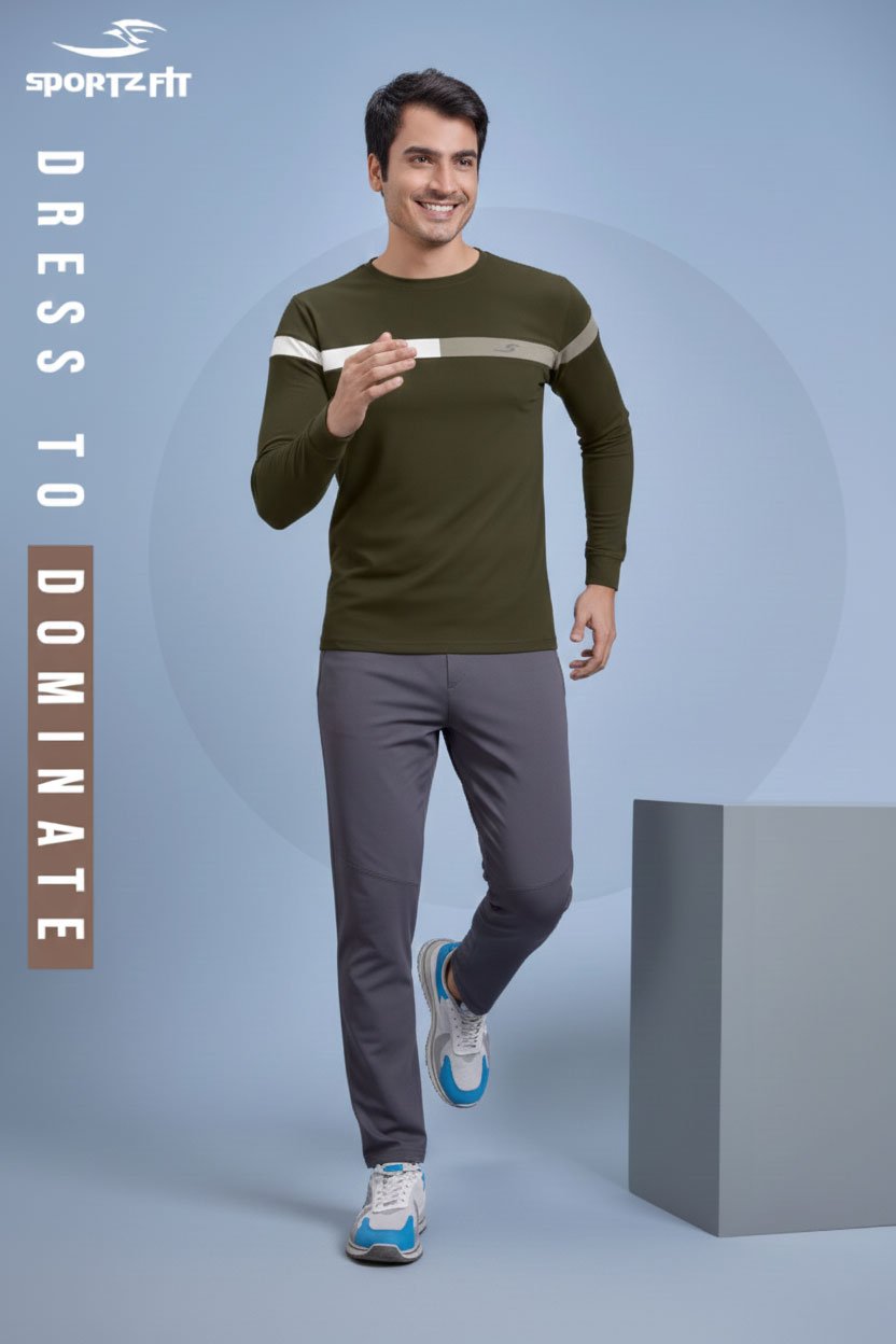 Men Round Neck Full Sleeve T-Shirt - Olive Green | L | SBT67